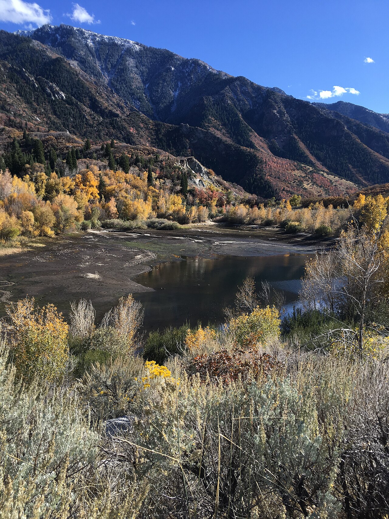 Lower Bells Canyon Reservoir at low autumn water level, surrounded by golden scrub oak and maple